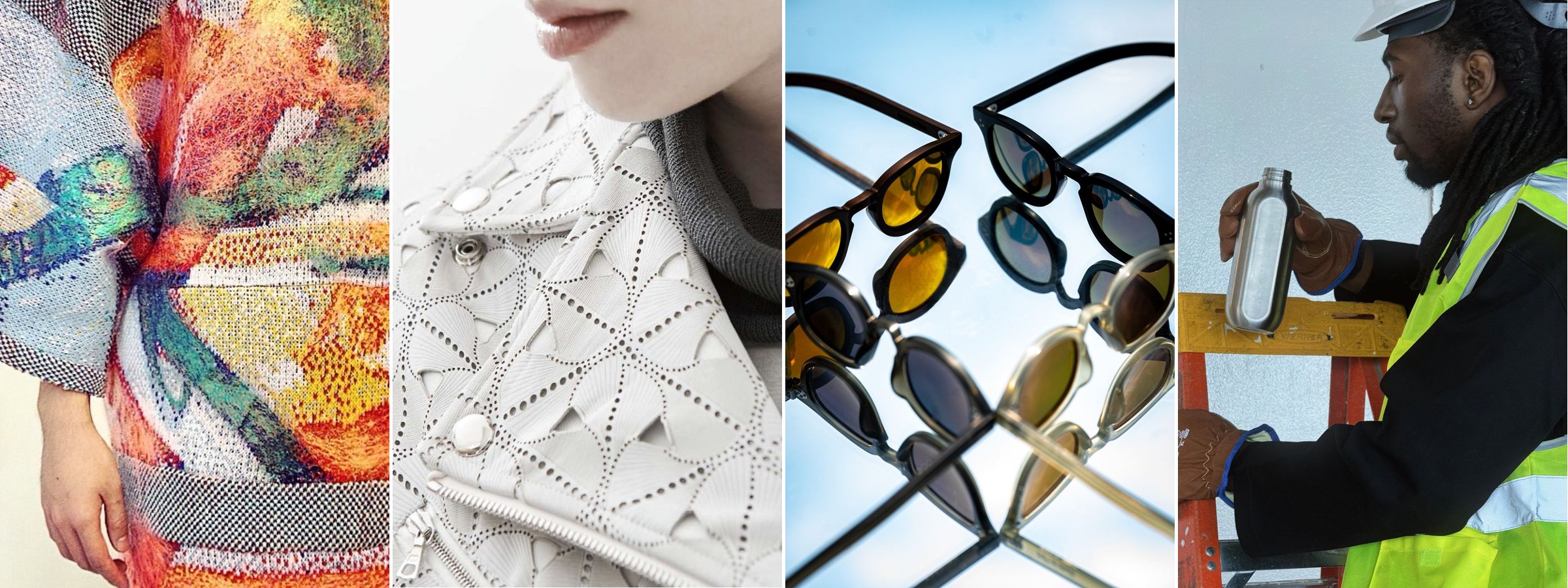 Four eras: a jacquard textile, a perforated leather jacket, Genusee frames and a Kadeya worker on site